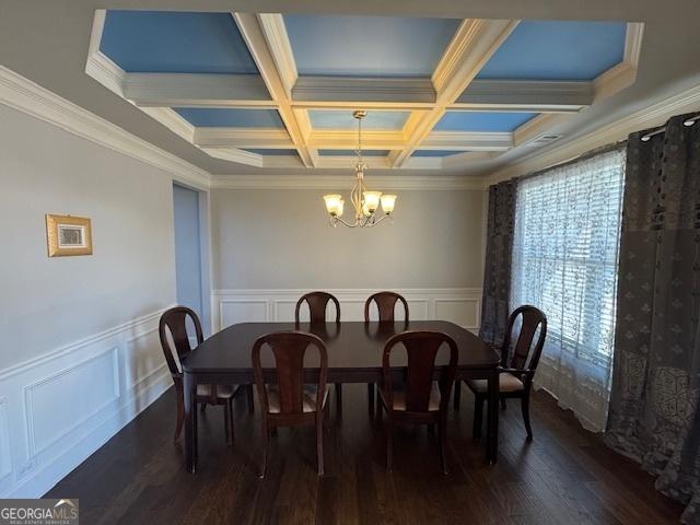 5530 Lacebark Pine Ct, Cumming, GA 30040 - dining room with a chandelier, dark wood-style flooring, coffered ceiling, wainscoting, and beam ceiling