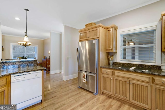 765 River Oaks Dr, Hayesville, NC 28904 - kitchen featuring crown molding, light wood-type flooring, a chandelier, dishwasher, and freestanding refrigerator
