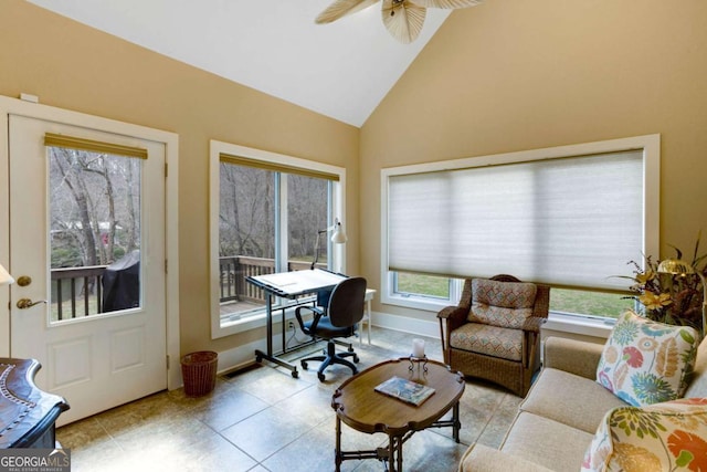 765 River Oaks Dr, Hayesville, NC 28904 - office featuring light tile patterned floors, high vaulted ceiling, baseboards, and ceiling fan
