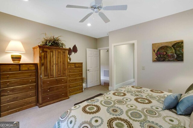 765 River Oaks Dr, Hayesville, NC 28904 - bedroom featuring light carpet, visible vents, and a ceiling fan