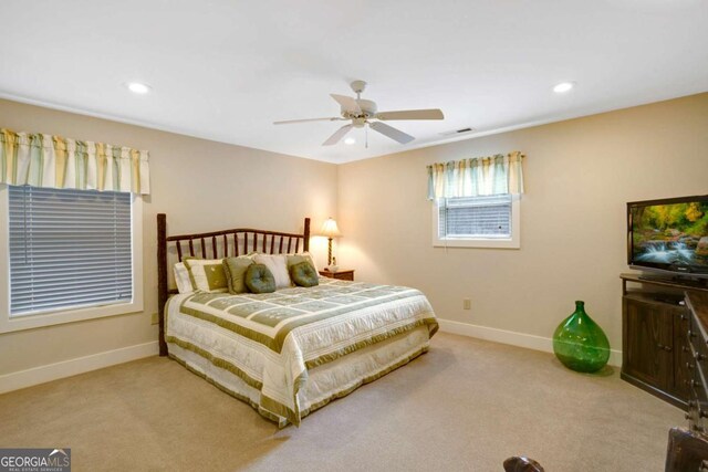765 River Oaks Dr, Hayesville, NC 28904 - bedroom with visible vents, baseboards, ceiling fan, recessed lighting, and light carpet