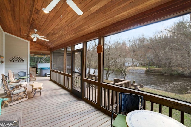 765 River Oaks Dr, Hayesville, NC 28904 - wooden deck with a sunroom, a water view, and ceiling fan