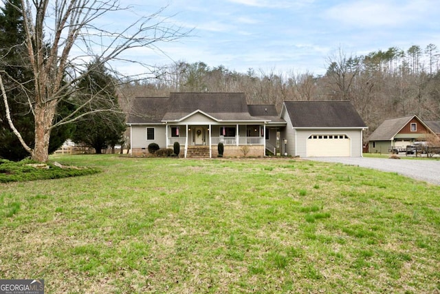765 River Oaks Dr, Hayesville, NC 28904 - ranch-style house with an attached garage, crawl space, driveway, a front lawn, and a porch