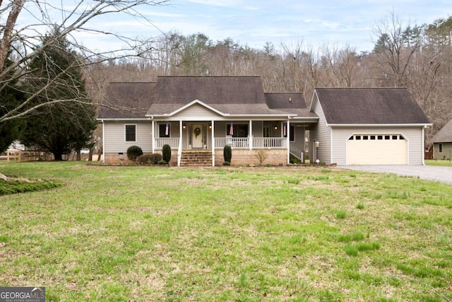 765 River Oaks Dr, Hayesville, NC 28904 - ranch-style home with an attached garage, driveway, crawl space, a front lawn, and a porch