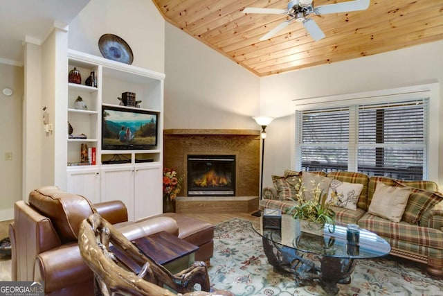 765 River Oaks Dr, Hayesville, NC 28904 - living area featuring wooden ceiling, a glass covered fireplace, vaulted ceiling, and ceiling fan