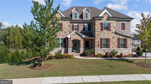 craftsman inspired home with stone siding and a front lawn