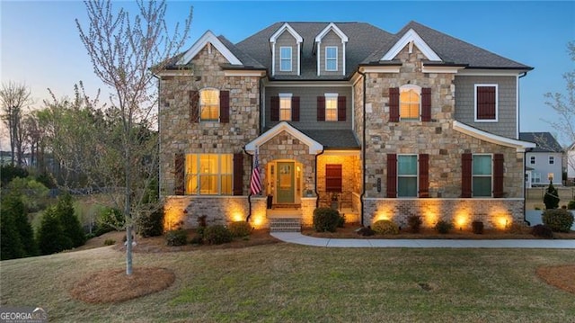 craftsman inspired home with stone siding and a front lawn