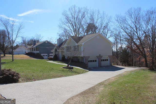 view of side of property featuring stucco siding, an attached garage, a residential view, driveway, and a yard