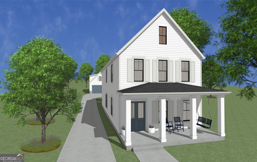 view of front of home featuring covered porch and roof with shingles