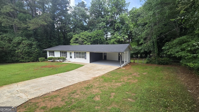 ranch-style home featuring driveway, a front lawn, and a carport