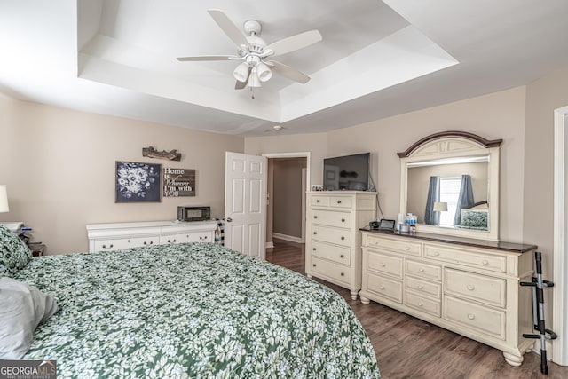 37 Covered Springs Dr NE, Rome, GA 30165 - bedroom featuring a tray ceiling, ceiling fan, and dark wood-type flooring