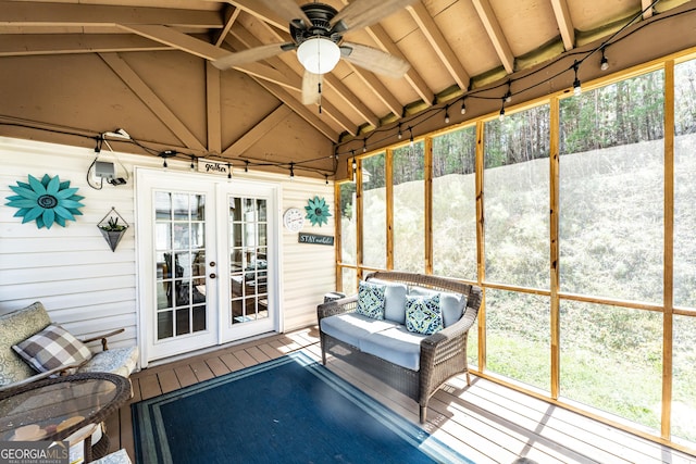 37 Covered Springs Dr NE, Rome, GA 30165 - sunroom / solarium with beam ceiling, french doors, a ceiling fan, outdoor lounge area, and plenty of natural light