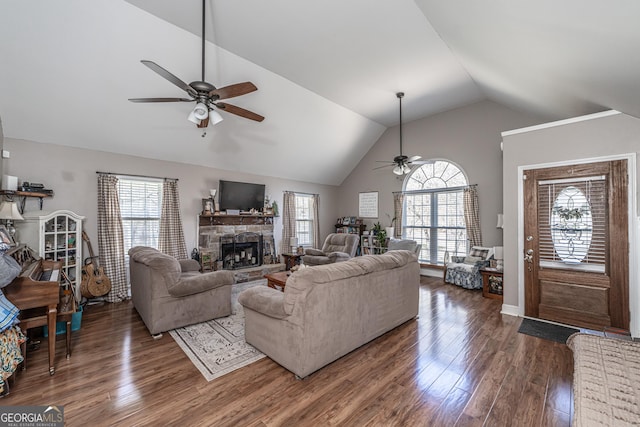 37 Covered Springs Dr NE, Rome, GA 30165 - living room with a stone fireplace, a wealth of natural light, wood finished floors, and a ceiling fan