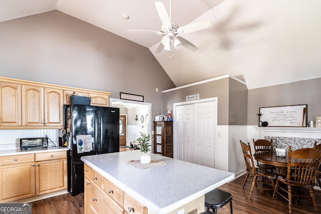 37 Covered Springs Dr NE, Rome, GA 30165 - kitchen featuring freestanding refrigerator, dark wood finished floors, light brown cabinetry, and ceiling fan