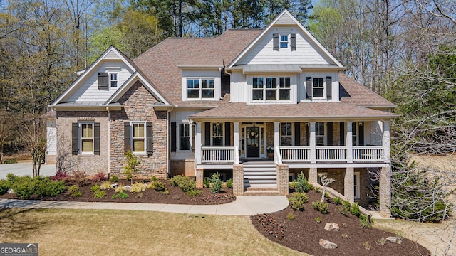 3227 Aviary Ct NW, Acworth, GA 30101 - view of front of property with covered porch, stone siding, board and batten siding, a shingled roof, and stairs