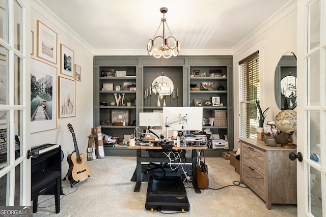 3227 Aviary Ct NW, Acworth, GA 30101 - home office featuring a chandelier, light carpet, crown molding, and built in features
