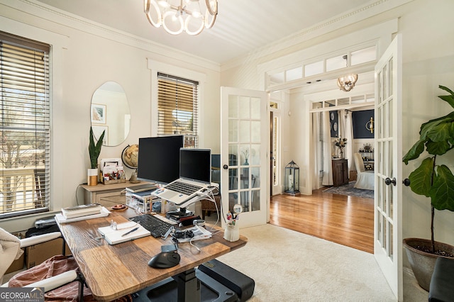 3227 Aviary Ct NW, Acworth, GA 30101 - office space with french doors, a chandelier, plenty of natural light, and crown molding