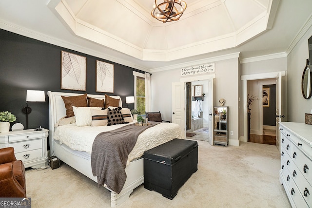 3227 Aviary Ct NW, Acworth, GA 30101 - bedroom with a tray ceiling, light carpet, ornamental molding, and a chandelier
