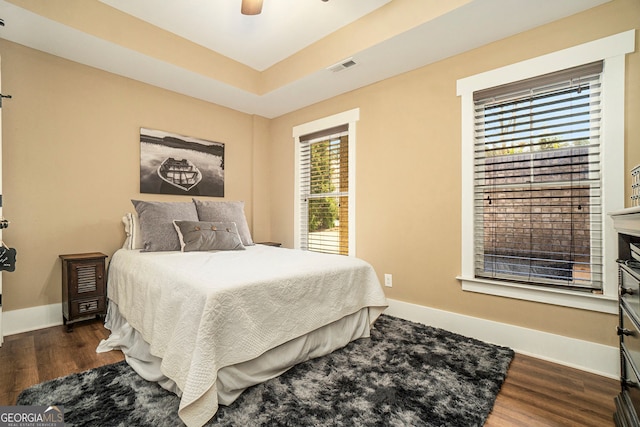 3227 Aviary Ct NW, Acworth, GA 30101 - bedroom with dark wood finished floors, baseboards, ceiling fan, and a raised ceiling