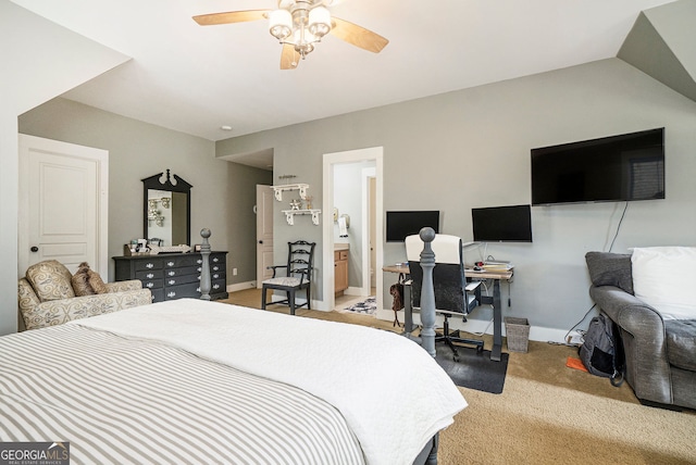 3227 Aviary Ct NW, Acworth, GA 30101 - bedroom with light carpet, an office area, ensuite bathroom, a ceiling fan, and baseboards