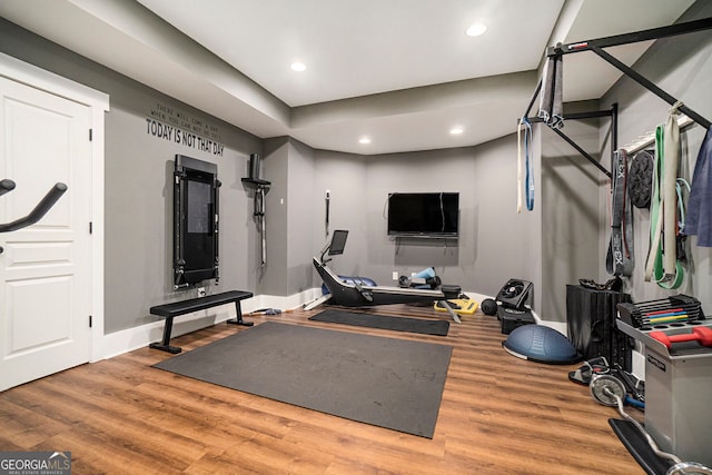 3227 Aviary Ct NW, Acworth, GA 30101 - exercise area with wood finished floors, recessed lighting, and baseboards