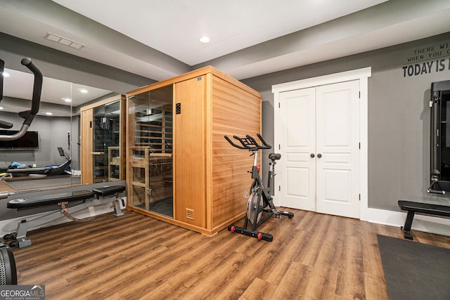 3227 Aviary Ct NW, Acworth, GA 30101 - workout area featuring wood finished floors, recessed lighting, and baseboards