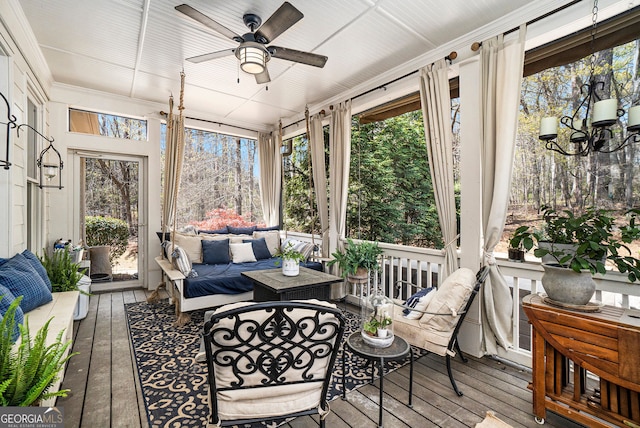 3227 Aviary Ct NW, Acworth, GA 30101 - sunroom featuring outdoor lounge area, ceiling fan, and a chandelier