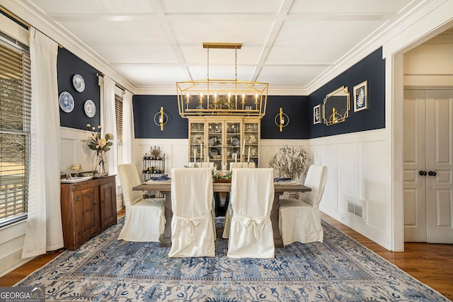 3227 Aviary Ct NW, Acworth, GA 30101 - dining room featuring wainscoting, a chandelier, coffered ceiling, wood finished floors, and a decorative wall
