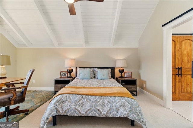 bedroom featuring baseboards, a ceiling fan, light carpet, and lofted ceiling with beams
