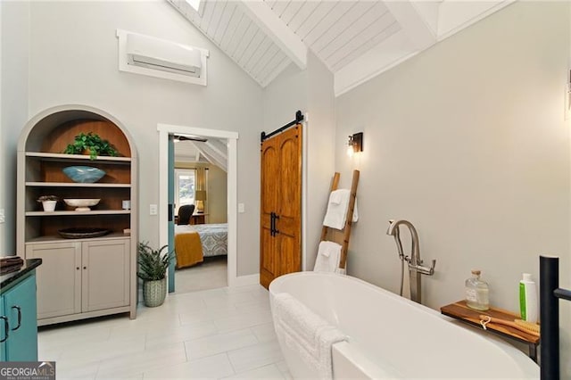 interior space with a soaking tub, ensuite bath, wooden ceiling, vaulted ceiling with beams, and an AC wall unit