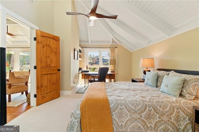 bedroom with baseboards, light carpet, a ceiling fan, beamed ceiling, and high vaulted ceiling