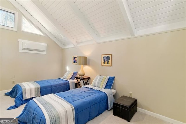 bedroom with baseboards, lofted ceiling with beams, a wall mounted AC, wood ceiling, and carpet flooring