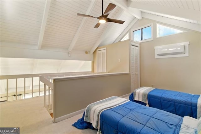 bedroom featuring a wall mounted AC, baseboards, lofted ceiling with beams, a ceiling fan, and carpet