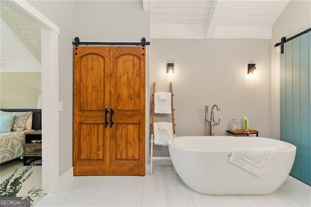 full bath with baseboards, wooden ceiling, lofted ceiling with beams, a soaking tub, and tile patterned floors