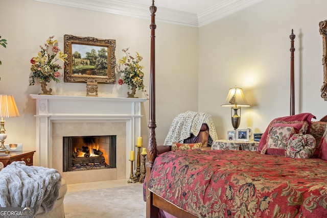 3847 Sweet Bottom Dr, Duluth, GA 30096 - bedroom featuring carpet flooring, ornamental molding, and a lit fireplace