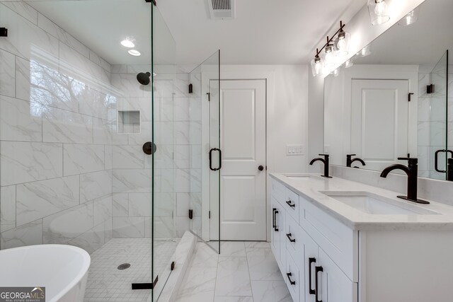 1861 Dyer Cir, Atlanta, GA 30341 - bathroom with a sink, a stall shower, marble finish floor, and visible vents