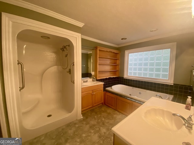 1311 Belmont Dr, Dublin, GA 31021 - bathroom with a bath, vanity, a stall shower, and crown molding