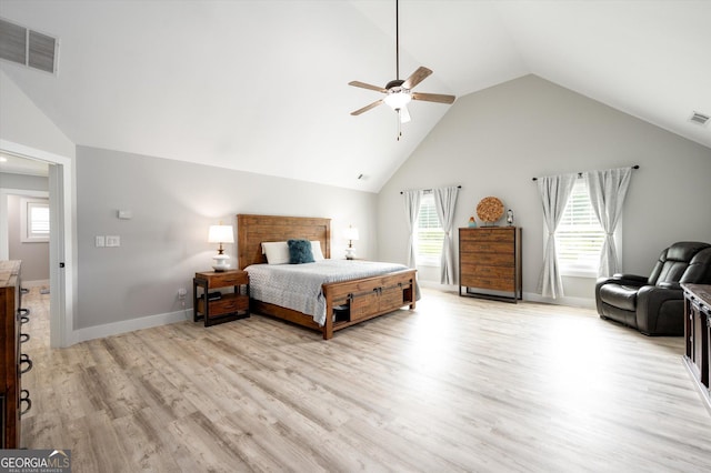 bedroom featuring baseboards, high vaulted ceiling, visible vents, and light wood-type flooring