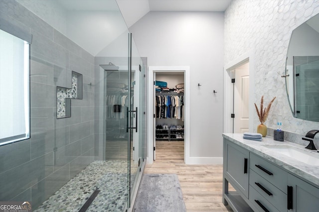 bathroom featuring a spacious closet, wood finished floors, vanity, and a shower stall