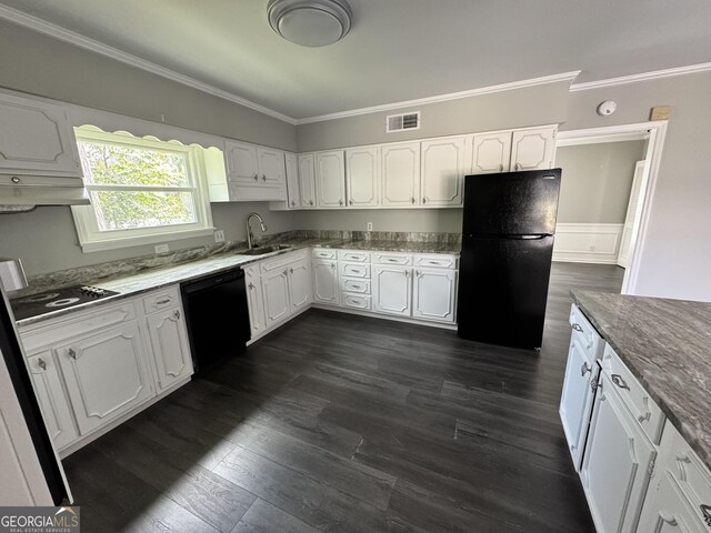 kitchen featuring visible vents, white cabinetry, black appliances, and crown molding