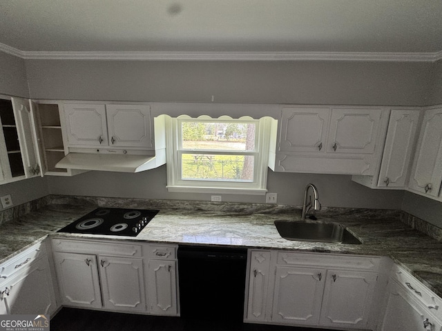 kitchen featuring white cabinetry, ornamental molding, under cabinet range hood, a sink, and black appliances