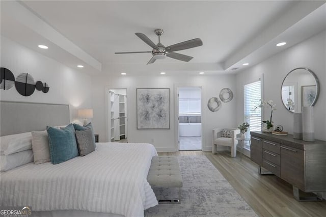 2041 Briarcliff Rd NE, Atlanta, GA 30329 - bedroom featuring light wood-type flooring, recessed lighting, a walk in closet, ensuite bathroom, and a ceiling fan