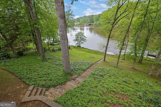 view of yard with a water view
