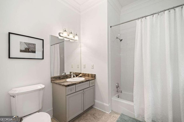 bathroom featuring crown molding, baseboards, toilet, vanity, and shower / bath combination with curtain