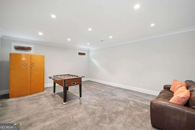 rec room featuring baseboards, carpet, recessed lighting, and crown molding