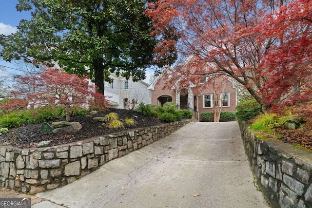 view of property hidden behind natural elements with concrete driveway