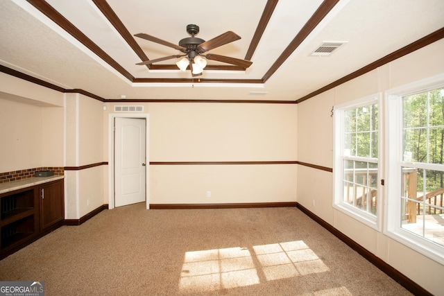 interior space featuring light carpet, a tray ceiling, and visible vents