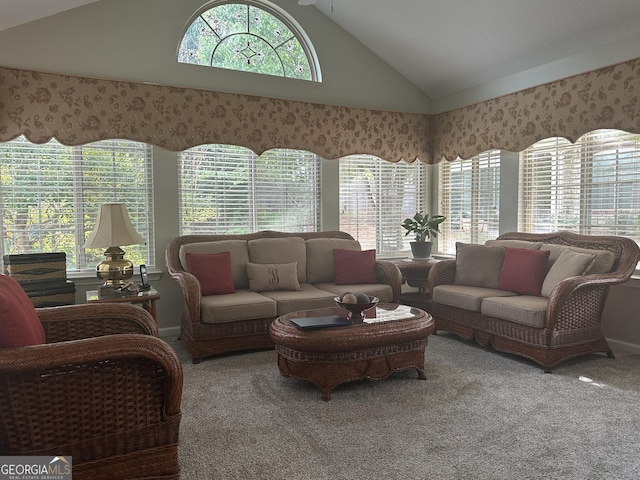 227 Fenwick Cir, Mcdonough, GA 30253 - carpeted living room featuring lofted ceiling and baseboards