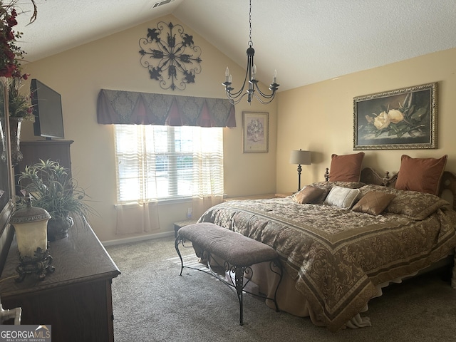 227 Fenwick Cir, Mcdonough, GA 30253 - bedroom with carpet flooring, vaulted ceiling, a chandelier, and a textured ceiling
