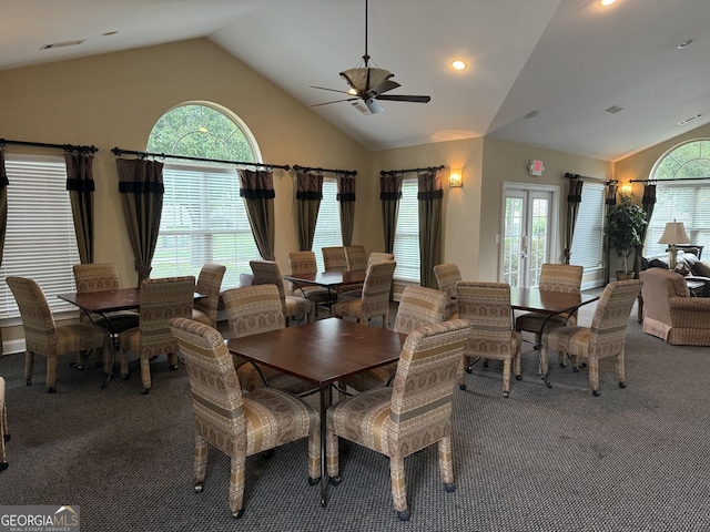 227 Fenwick Cir, Mcdonough, GA 30253 - carpeted dining space featuring vaulted ceiling, a ceiling fan, healthy amount of natural light, and recessed lighting